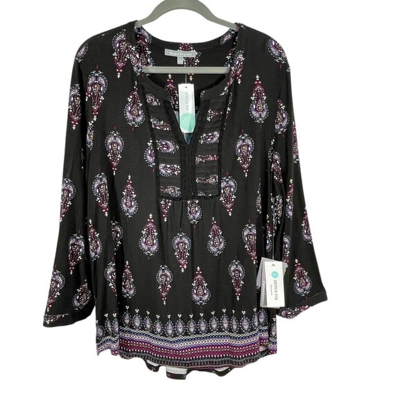 NWT Daniel Rainn Petoka Split-Neck Knit Peasant Blouse Pleated Crochet Black XXL - Picture 14 of 15